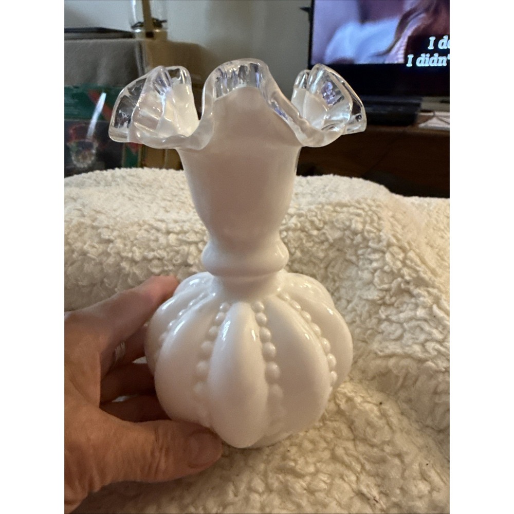 Vintage Fenton Milk Glass Ruffled Edge Beaded Melon Vase 6.5"